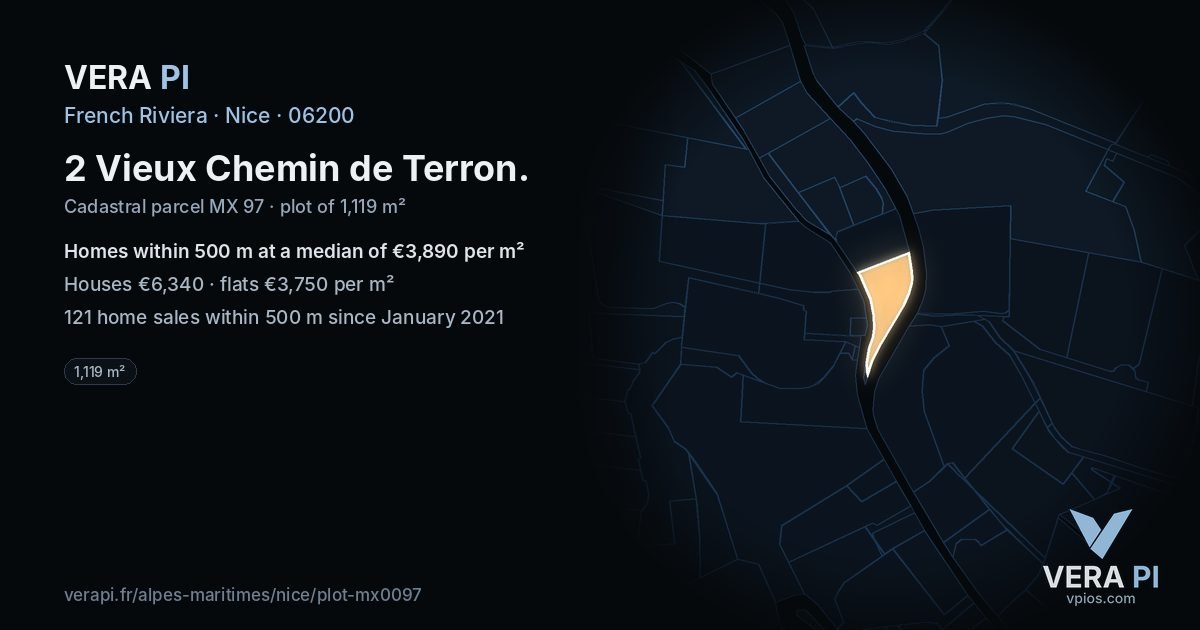 2 Vieux Chemin de Terron, Nice at night – the plot lit, the parcels around coloured by the prices near them