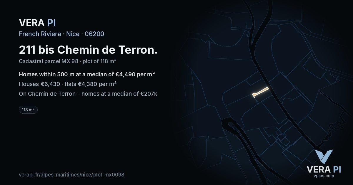 211 bis Chemin de Terron, Nice at night – the plot lit, the parcels around coloured by the prices near them