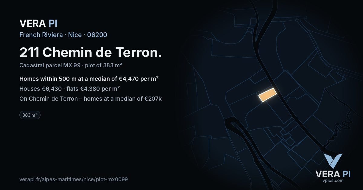211 Chemin de Terron, Nice at night – the plot lit, the parcels around coloured by the prices near them