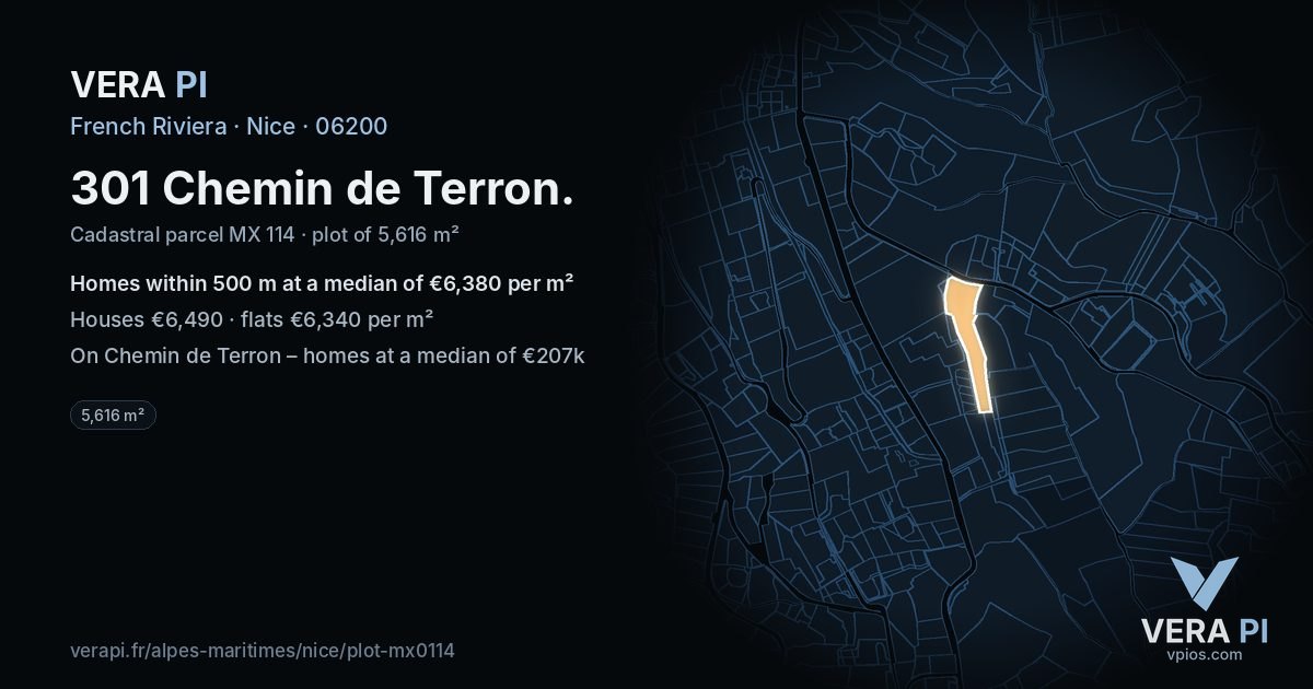 301 Chemin de Terron, Nice at night – the plot lit, the parcels around coloured by the prices near them