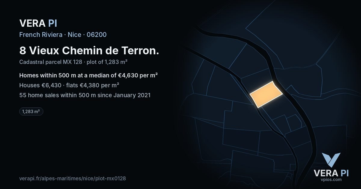 8 Vieux Chemin de Terron, Nice at night – the plot lit, the parcels around coloured by the prices near them