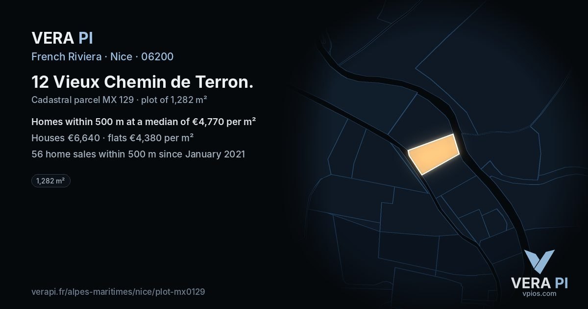 12 Vieux Chemin de Terron, Nice at night – the plot lit, the parcels around coloured by the prices near them