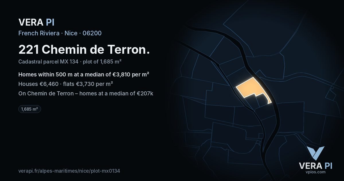 221 Chemin de Terron, Nice at night – the plot lit, the parcels around coloured by the prices near them