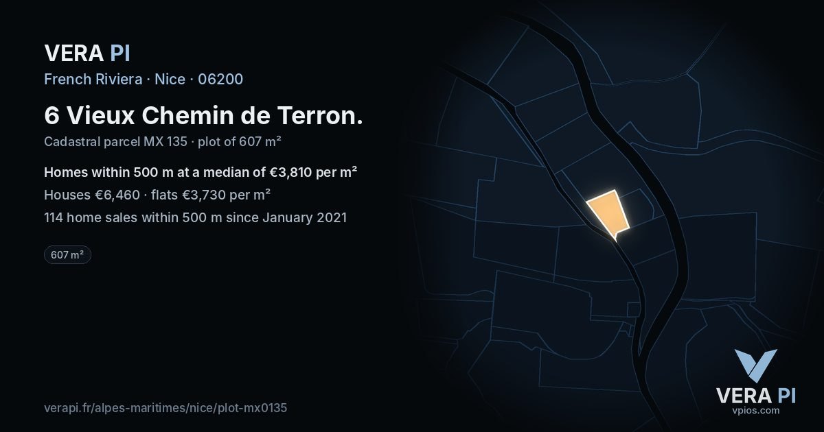 6 Vieux Chemin de Terron, Nice at night – the plot lit, the parcels around coloured by the prices near them