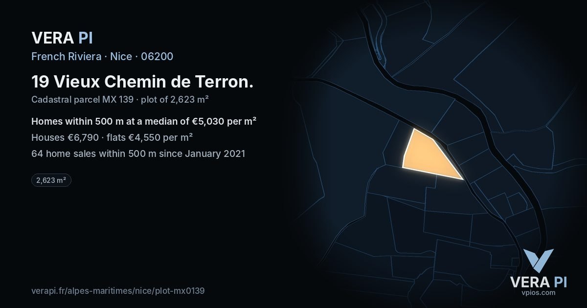 19 Vieux Chemin de Terron, Nice at night – the plot lit, the parcels around coloured by the prices near them