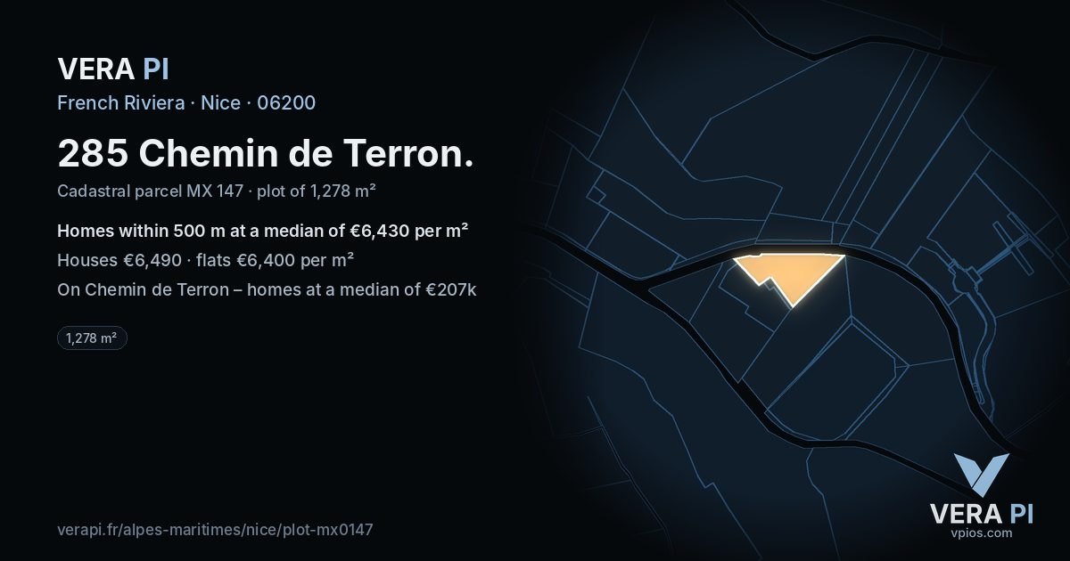 285 Chemin de Terron, Nice at night – the plot lit, the parcels around coloured by the prices near them