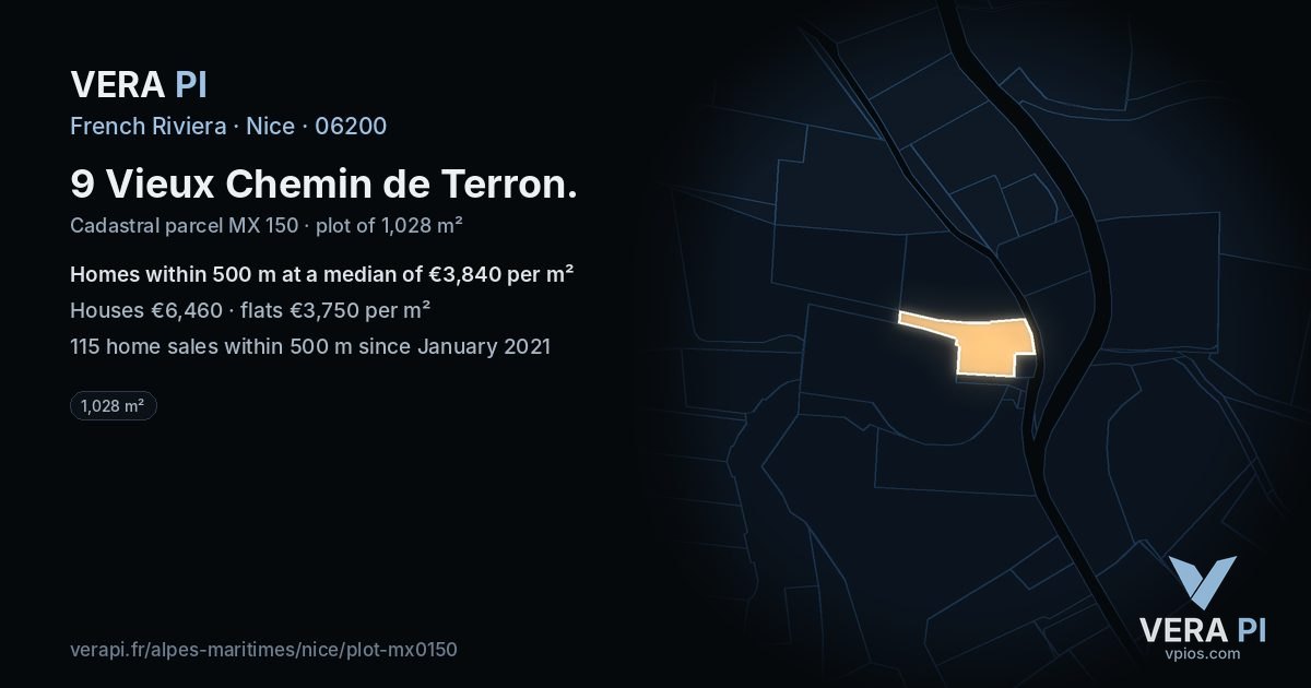 9 Vieux Chemin de Terron, Nice at night – the plot lit, the parcels around coloured by the prices near them