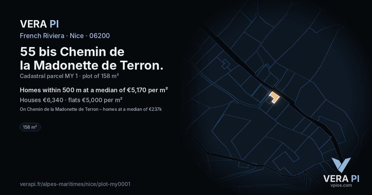 55 bis Chemin de la Madonette de Terron, Nice at night – the plot lit, the parcels around coloured by the prices near them