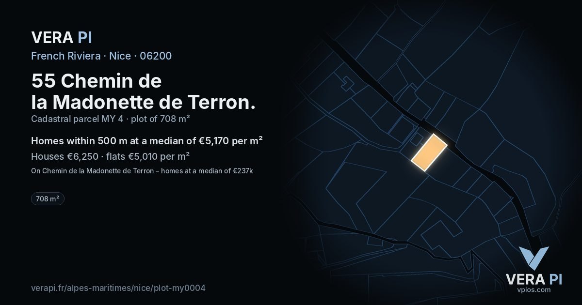 55 Chemin de la Madonette de Terron, Nice at night – the plot lit, the parcels around coloured by the prices near them