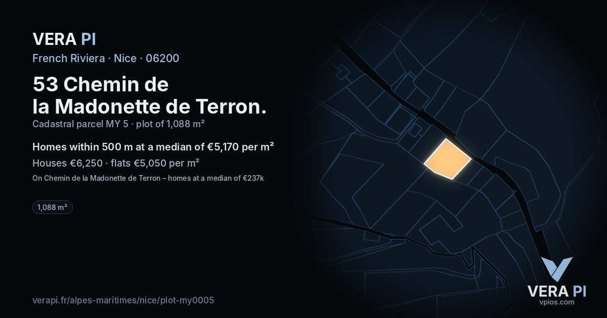 53 Chemin de la Madonette de Terron, Nice at night – the plot lit, the parcels around coloured by the prices near them