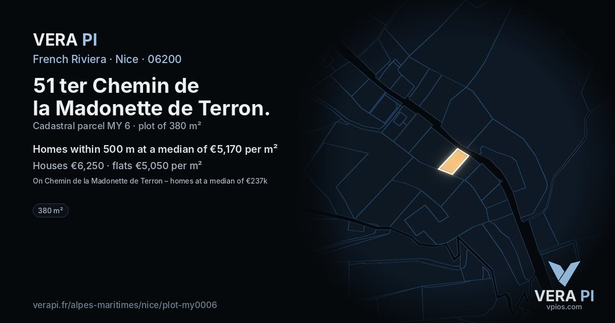 51 ter Chemin de la Madonette de Terron, Nice at night – the plot lit, the parcels around coloured by the prices near them
