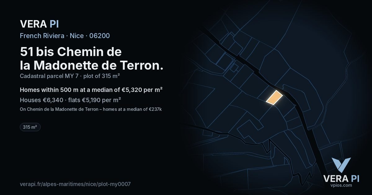 51 bis Chemin de la Madonette de Terron, Nice at night – the plot lit, the parcels around coloured by the prices near them