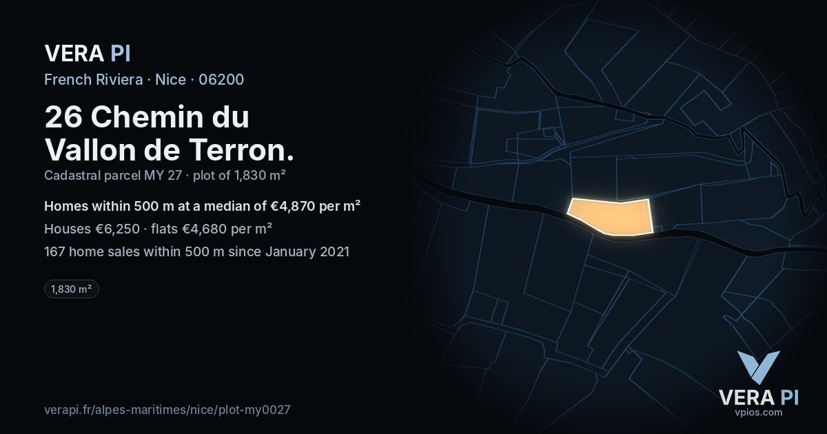 26 Chemin du Vallon de Terron, Nice at night – the plot lit, the parcels around coloured by the prices near them
