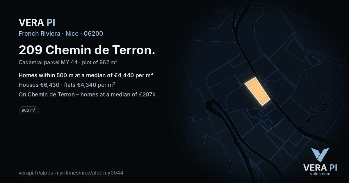 209 Chemin de Terron, Nice at night – the plot lit, the parcels around coloured by the prices near them