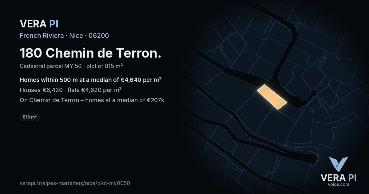 180 Chemin de Terron, Nice at night – the plot lit, the parcels around coloured by the prices near them