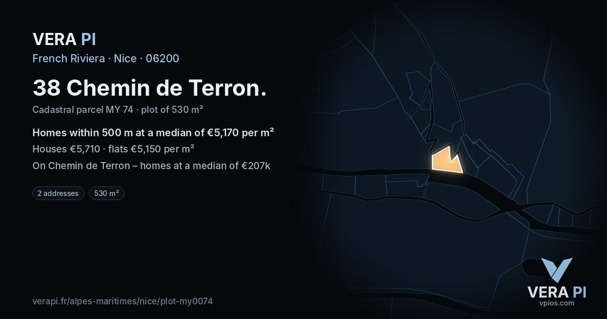 38 Chemin de Terron, Nice at night – the plot lit, the parcels around coloured by the prices near them