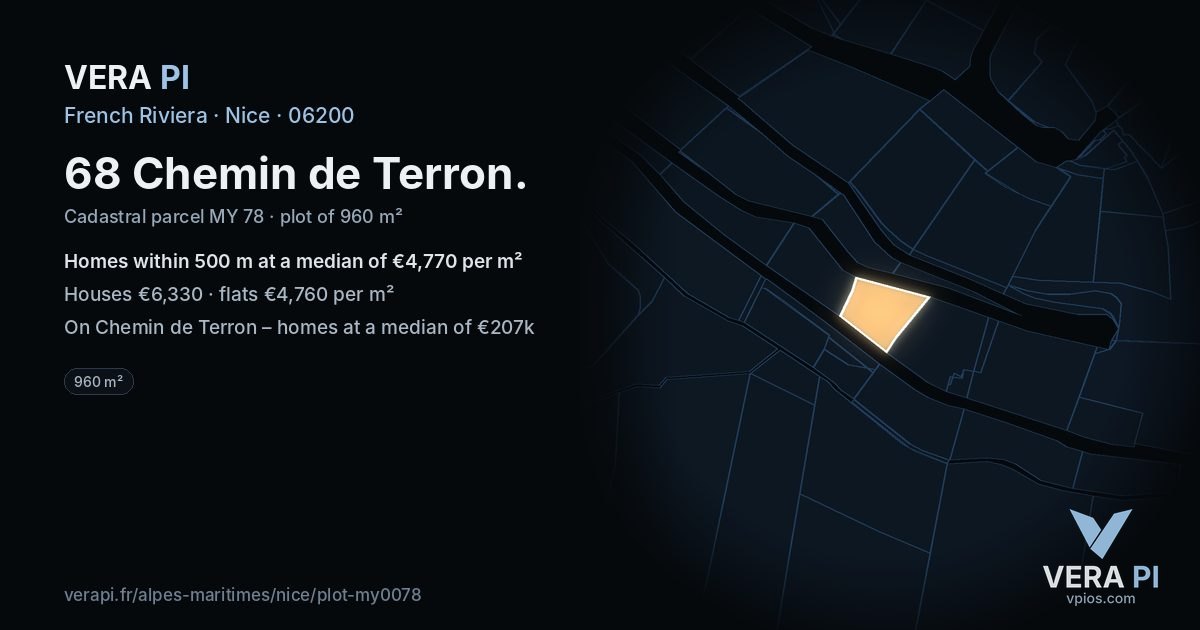 68 Chemin de Terron, Nice at night – the plot lit, the parcels around coloured by the prices near them