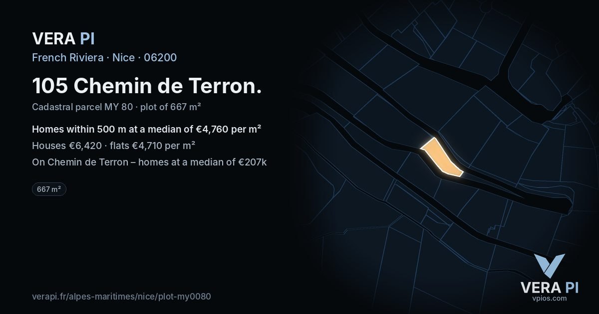 105 Chemin de Terron, Nice at night – the plot lit, the parcels around coloured by the prices near them