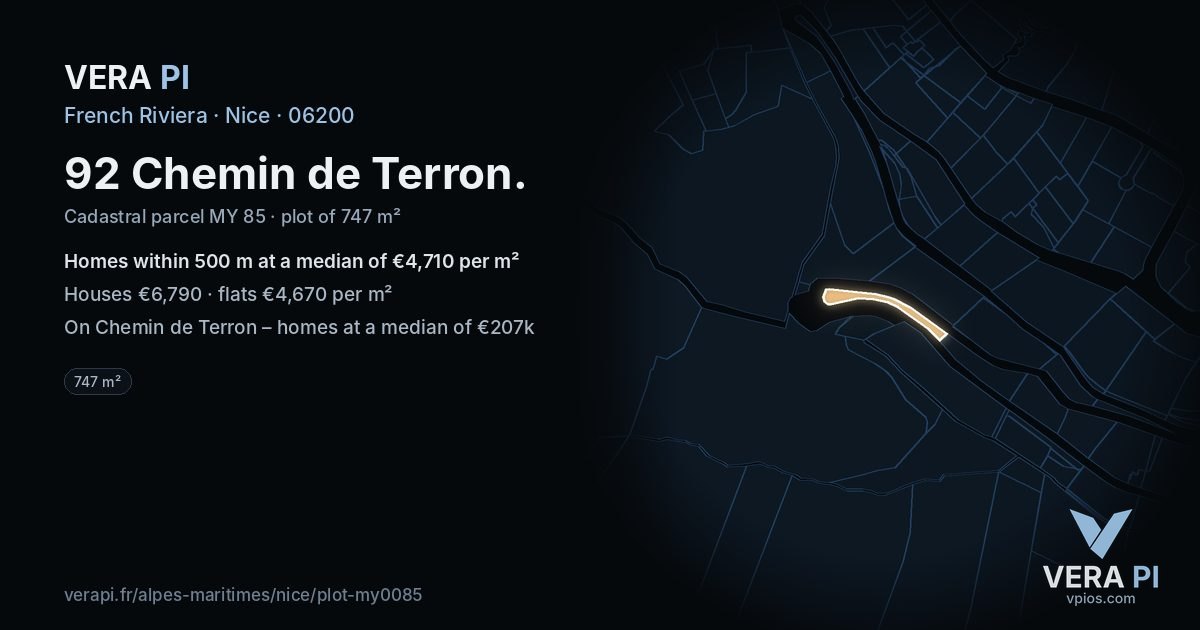 92 Chemin de Terron, Nice at night – the plot lit, the parcels around coloured by the prices near them