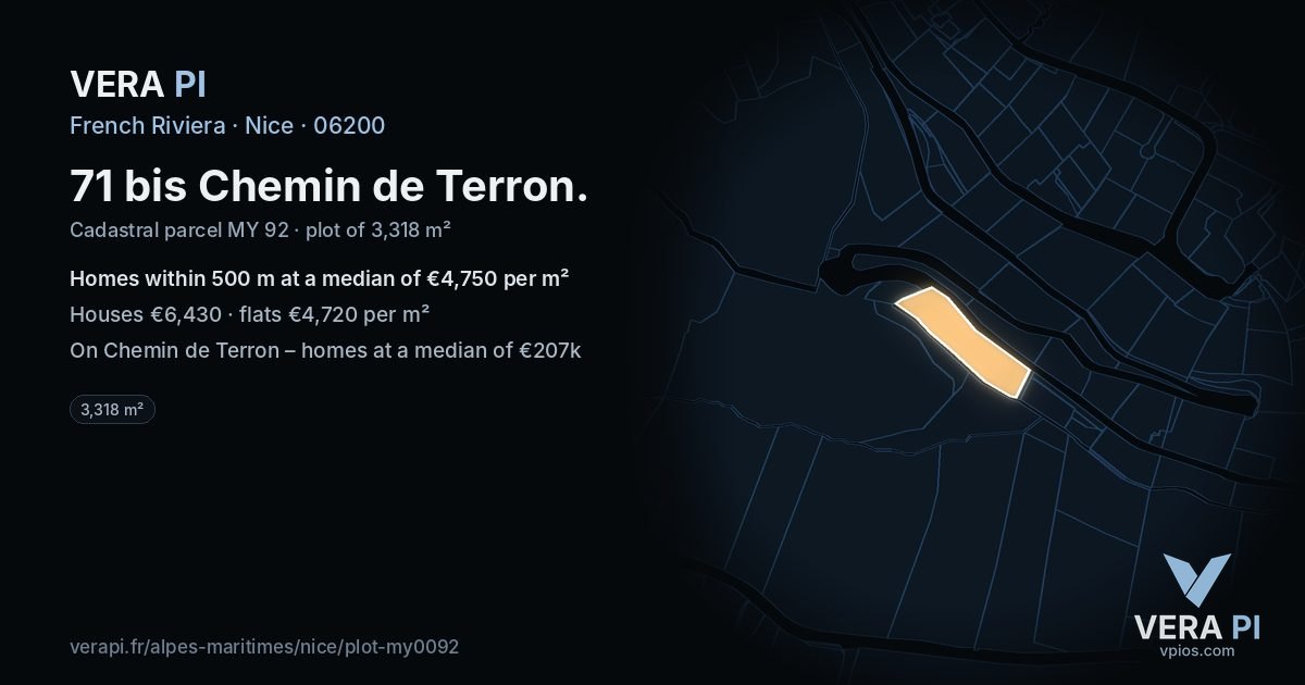 71 bis Chemin de Terron, Nice at night – the plot lit, the parcels around coloured by the prices near them