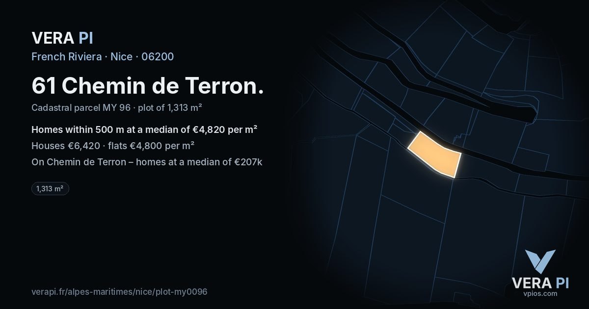61 Chemin de Terron, Nice at night – the plot lit, the parcels around coloured by the prices near them