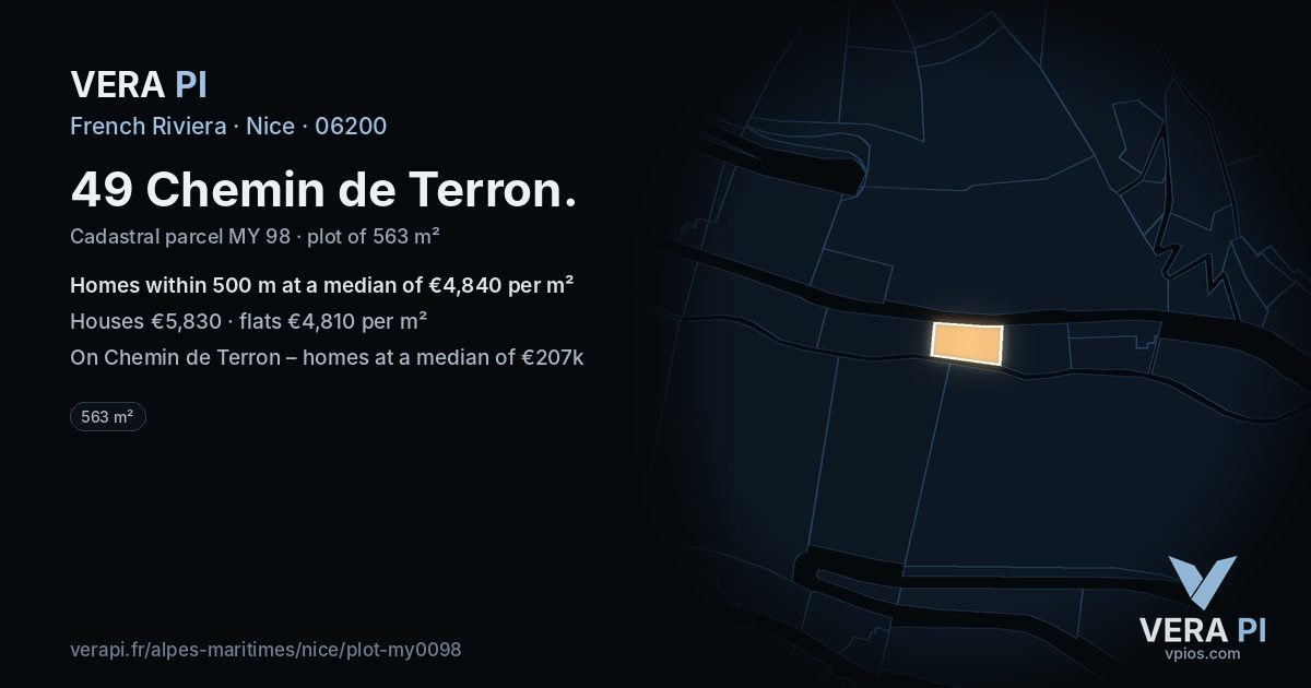 49 Chemin de Terron, Nice at night – the plot lit, the parcels around coloured by the prices near them
