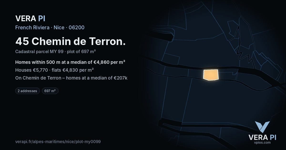 45 Chemin de Terron, Nice at night – the plot lit, the parcels around coloured by the prices near them