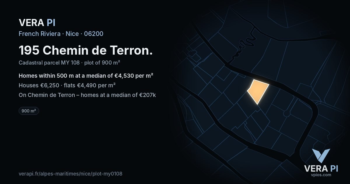 195 Chemin de Terron, Nice at night – the plot lit, the parcels around coloured by the prices near them