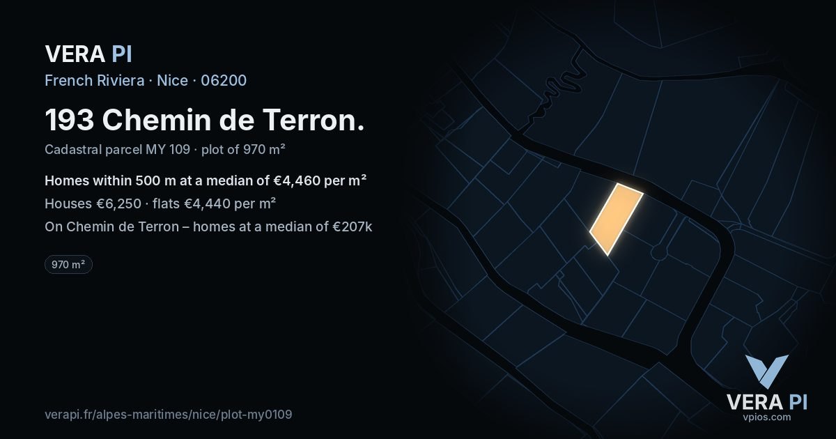 193 Chemin de Terron, Nice at night – the plot lit, the parcels around coloured by the prices near them