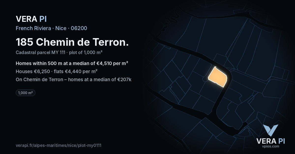 185 Chemin de Terron, Nice at night – the plot lit, the parcels around coloured by the prices near them