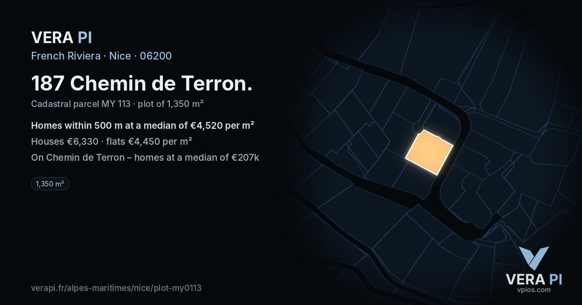 187 Chemin de Terron, Nice at night – the plot lit, the parcels around coloured by the prices near them