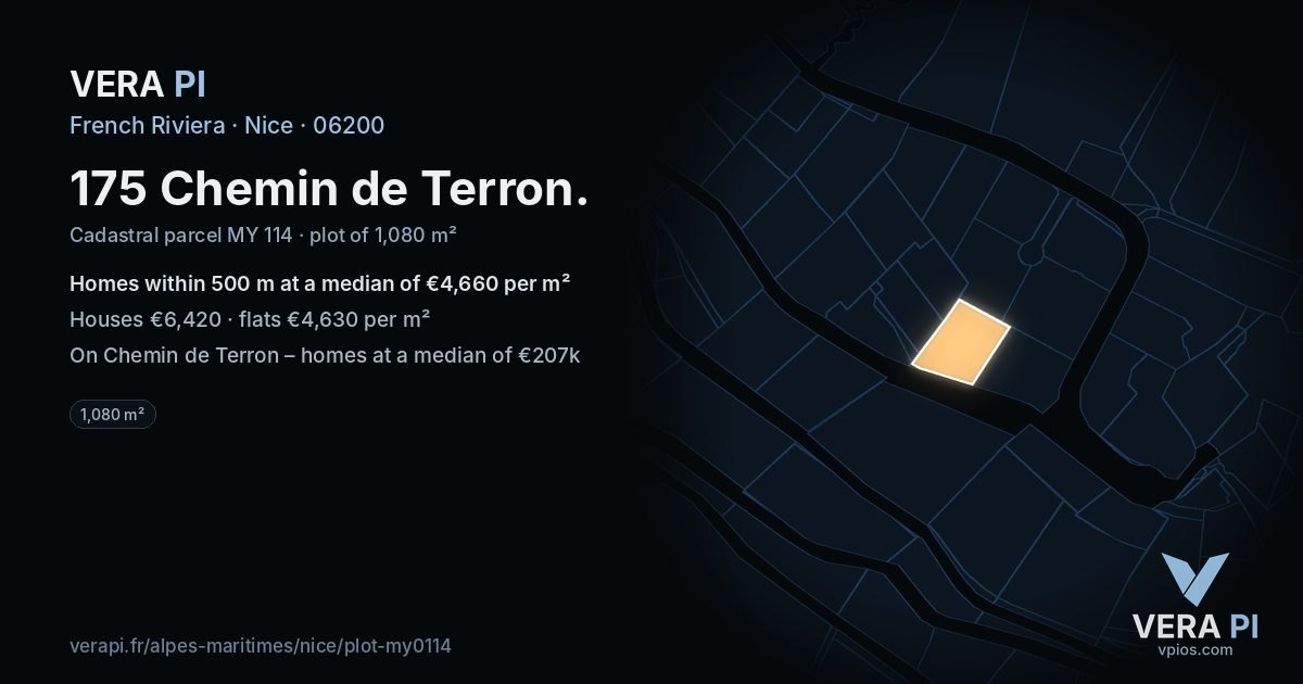 175 Chemin de Terron, Nice at night – the plot lit, the parcels around coloured by the prices near them