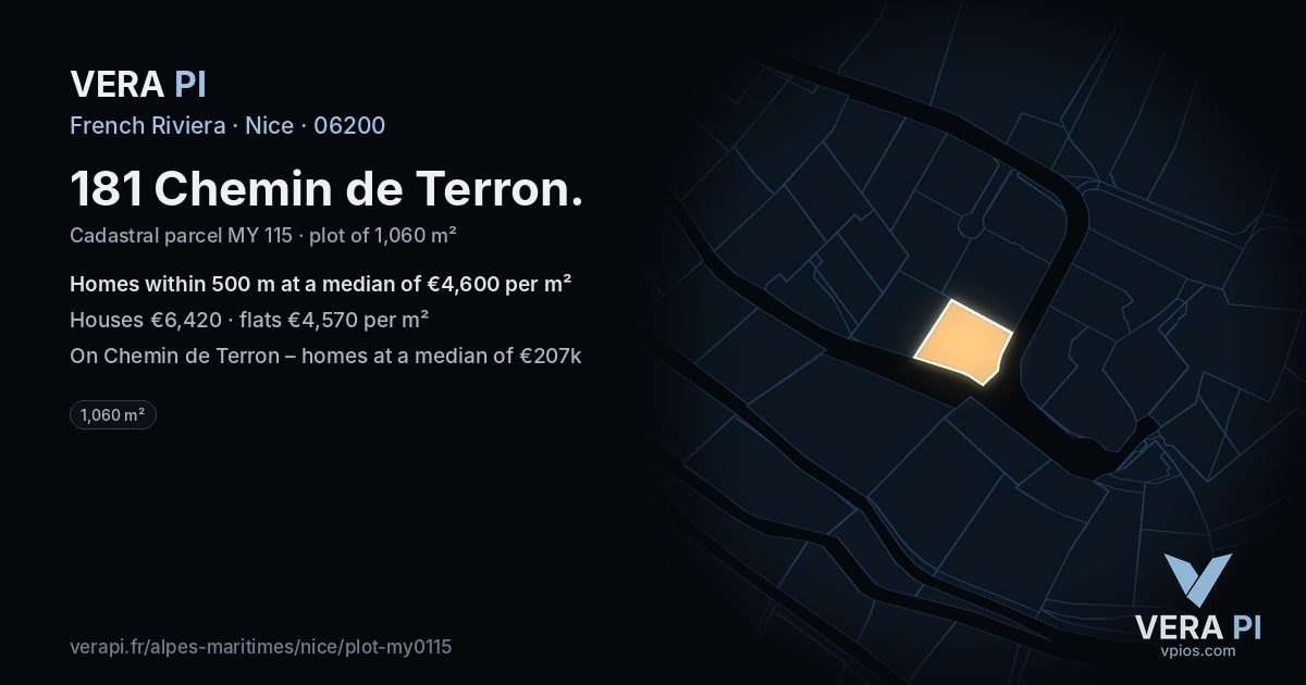 181 Chemin de Terron, Nice at night – the plot lit, the parcels around coloured by the prices near them