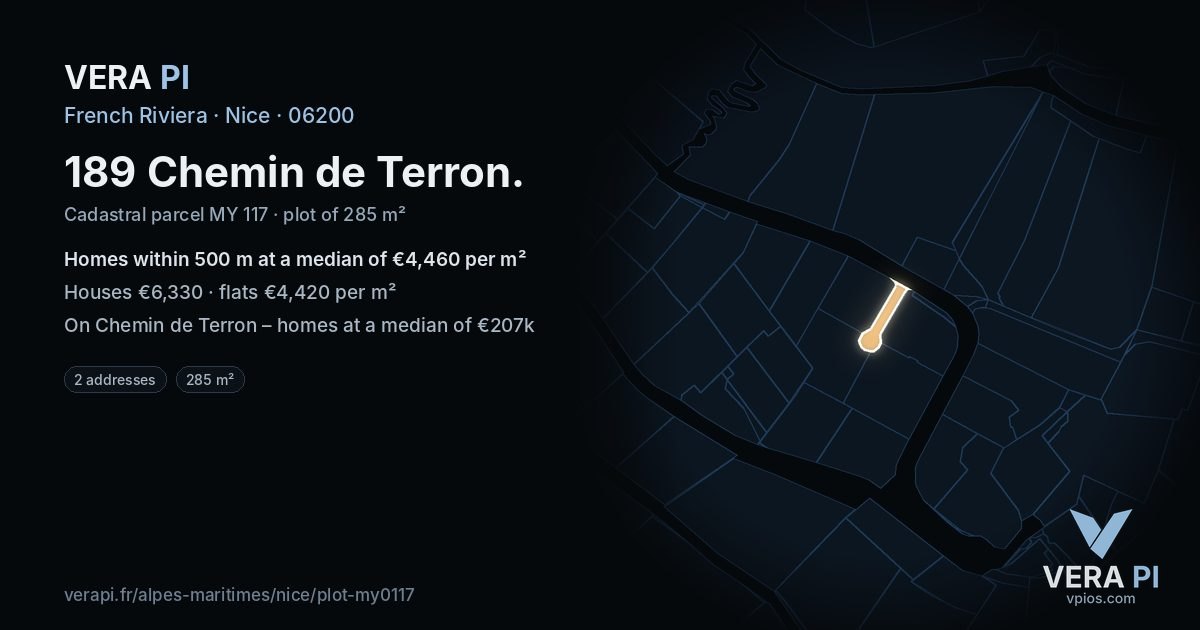 189 Chemin de Terron, Nice at night – the plot lit, the parcels around coloured by the prices near them