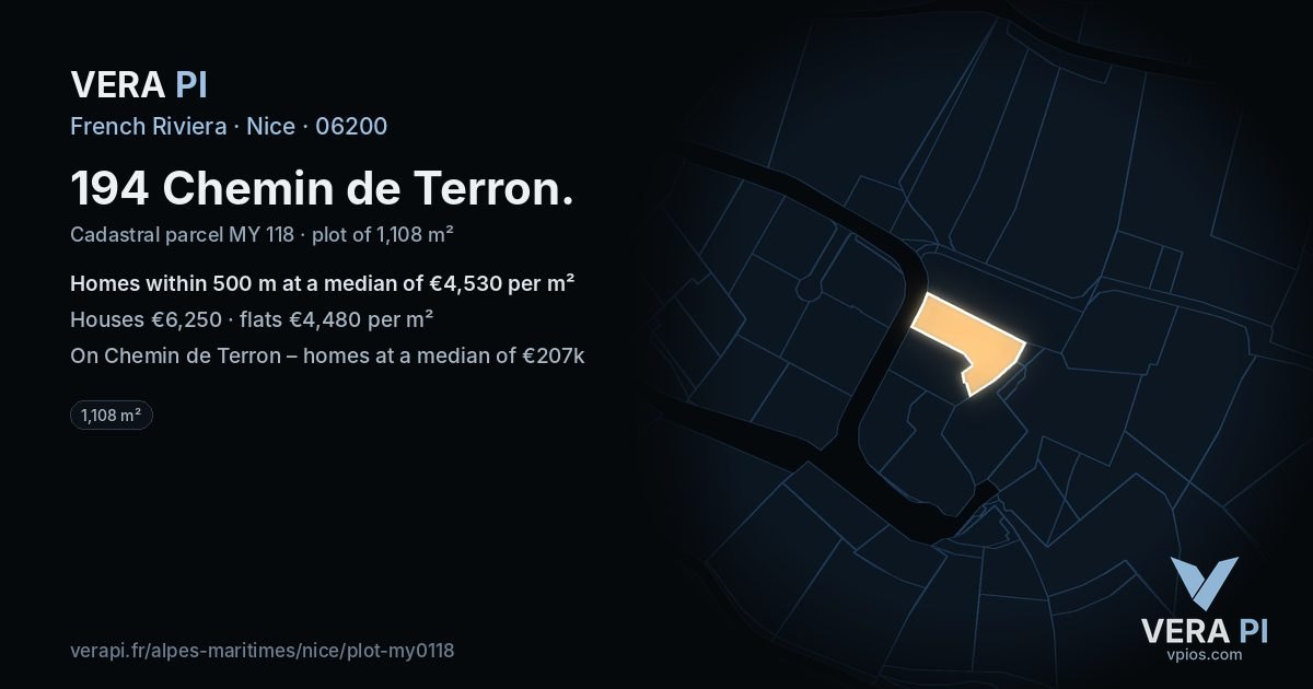 194 Chemin de Terron, Nice at night – the plot lit, the parcels around coloured by the prices near them