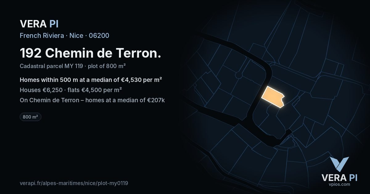 192 Chemin de Terron, Nice at night – the plot lit, the parcels around coloured by the prices near them