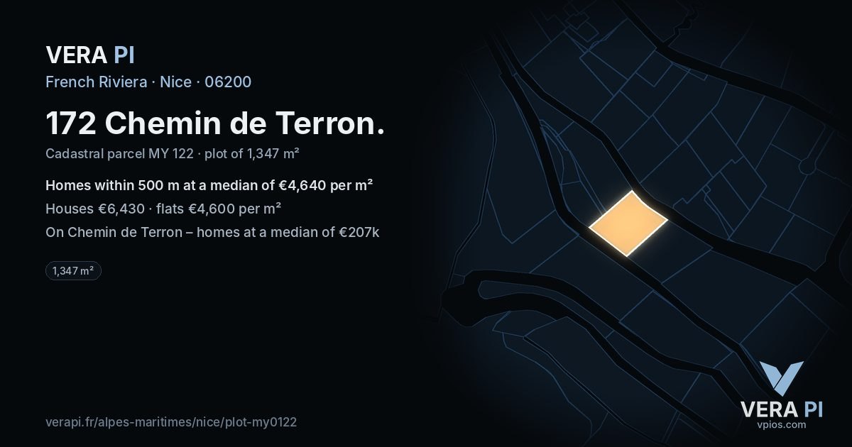 172 Chemin de Terron, Nice at night – the plot lit, the parcels around coloured by the prices near them
