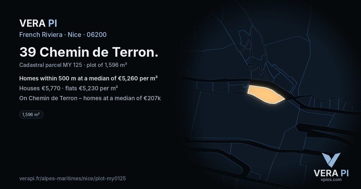 39 Chemin de Terron, Nice at night – the plot lit, the parcels around coloured by the prices near them