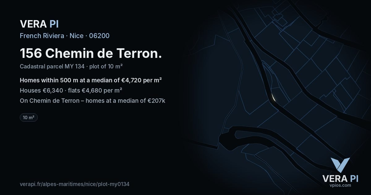 156 Chemin de Terron, Nice at night – the plot lit, the parcels around coloured by the prices near them