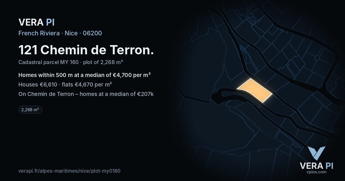 121 Chemin de Terron, Nice at night – the plot lit, the parcels around coloured by the prices near them