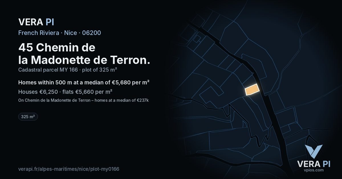 45 Chemin de la Madonette de Terron, Nice at night – the plot lit, the parcels around coloured by the prices near them