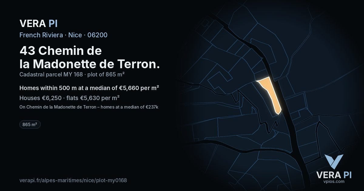 43 Chemin de la Madonette de Terron, Nice at night – the plot lit, the parcels around coloured by the prices near them