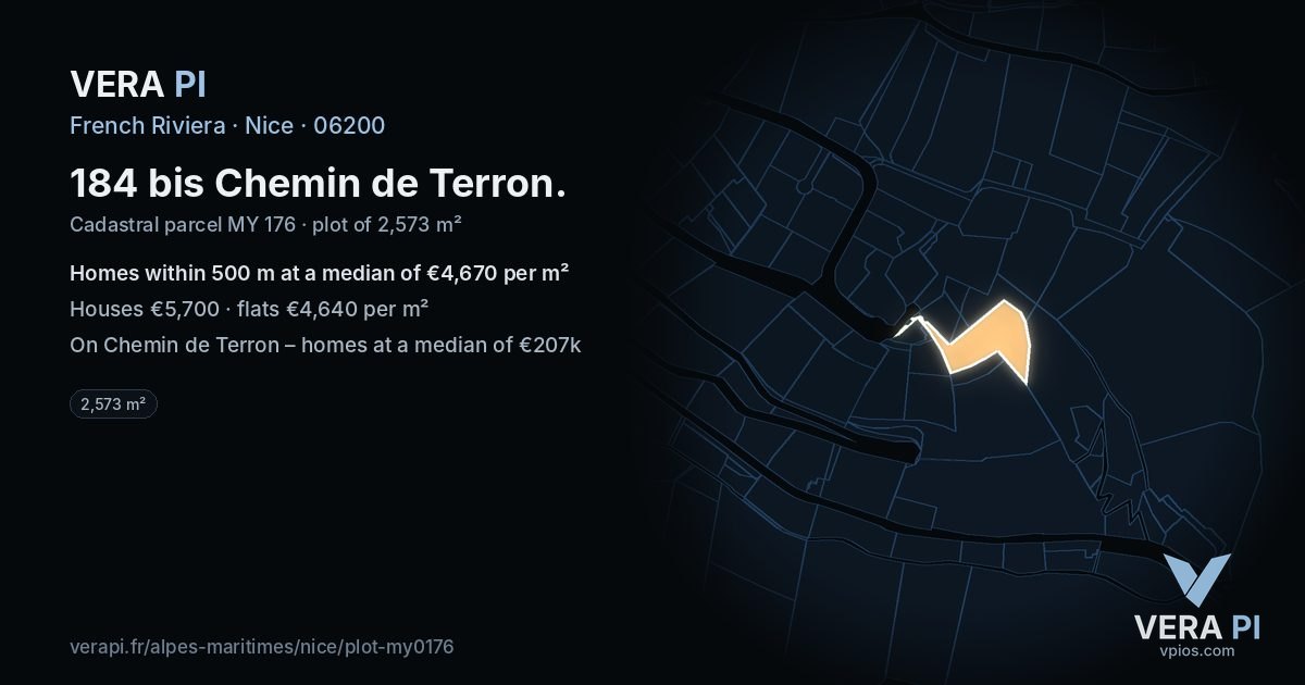 184 bis Chemin de Terron, Nice at night – the plot lit, the parcels around coloured by the prices near them