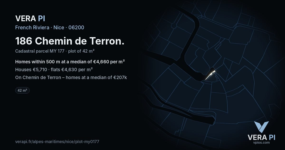 186 Chemin de Terron, Nice at night – the plot lit, the parcels around coloured by the prices near them