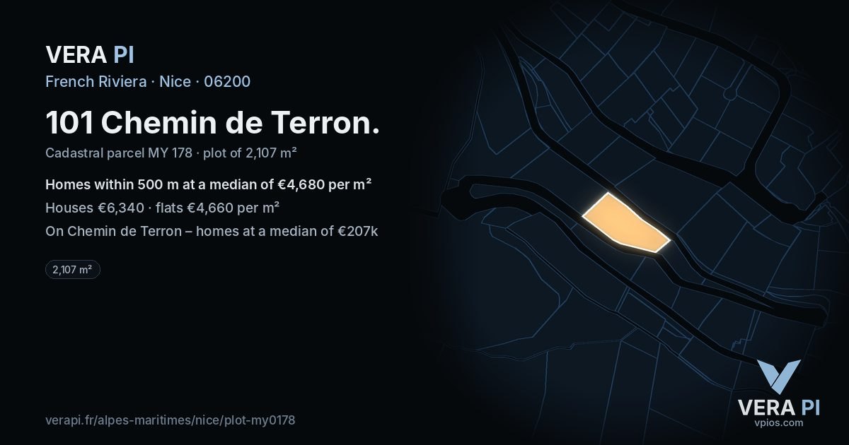 101 Chemin de Terron, Nice at night – the plot lit, the parcels around coloured by the prices near them