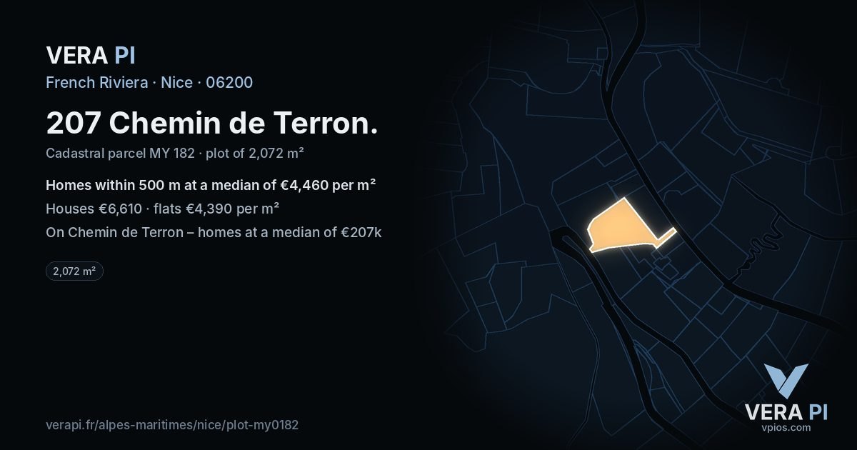 207 Chemin de Terron, Nice at night – the plot lit, the parcels around coloured by the prices near them