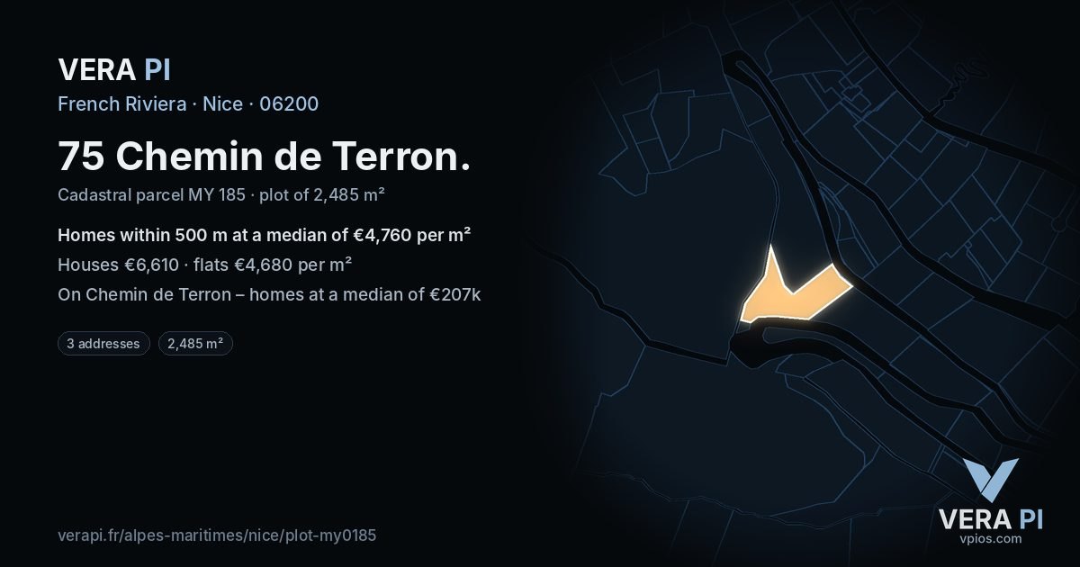 75 Chemin de Terron, Nice at night – the plot lit, the parcels around coloured by the prices near them