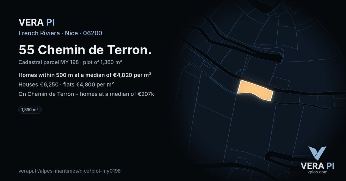 55 Chemin de Terron, Nice at night – the plot lit, the parcels around coloured by the prices near them