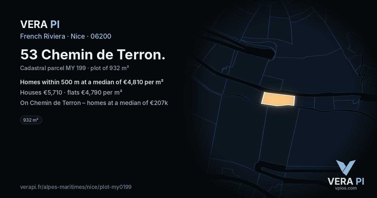 53 Chemin de Terron, Nice at night – the plot lit, the parcels around coloured by the prices near them