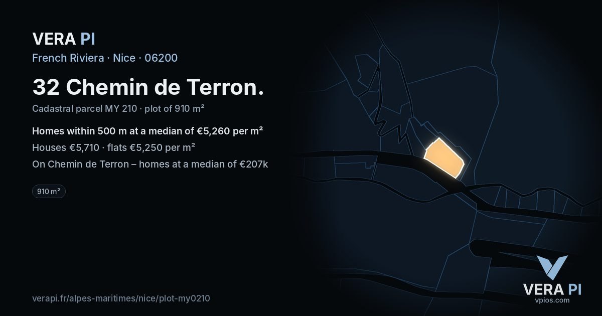 32 Chemin de Terron, Nice at night – the plot lit, the parcels around coloured by the prices near them